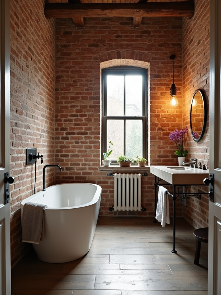 Rustic bathroom featuring an exposed brick wall highlighted by natural light from a window.