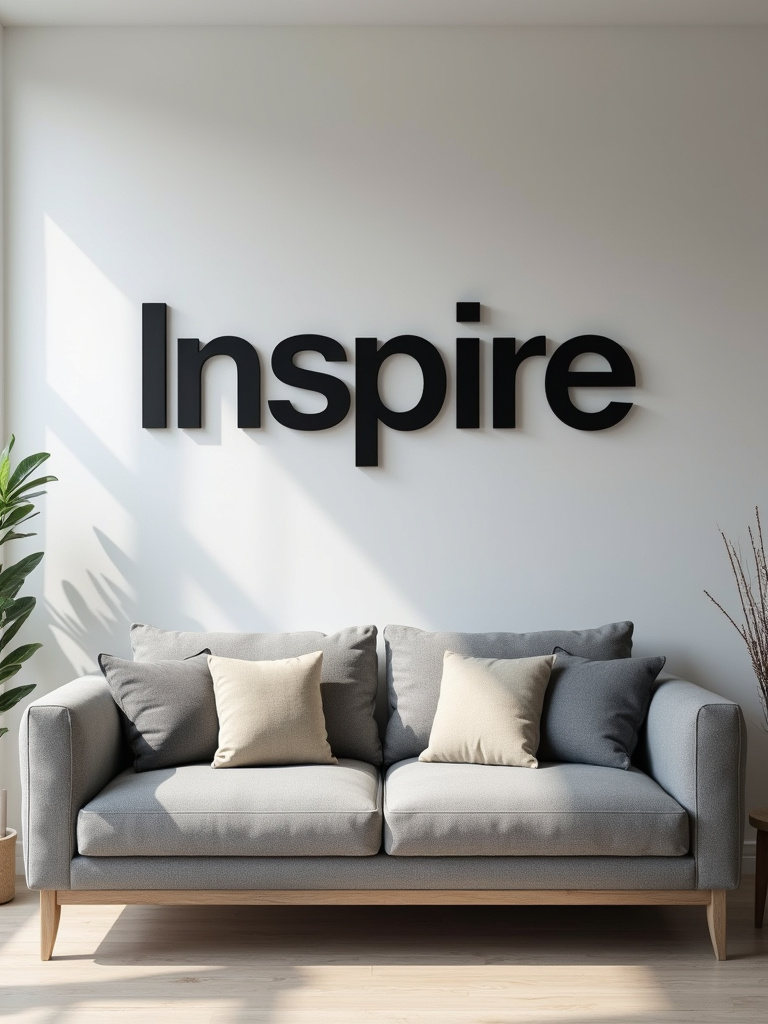 A modern minimalist living room featuring black metal word art “Inspire” on a light gray wall above a sofa.