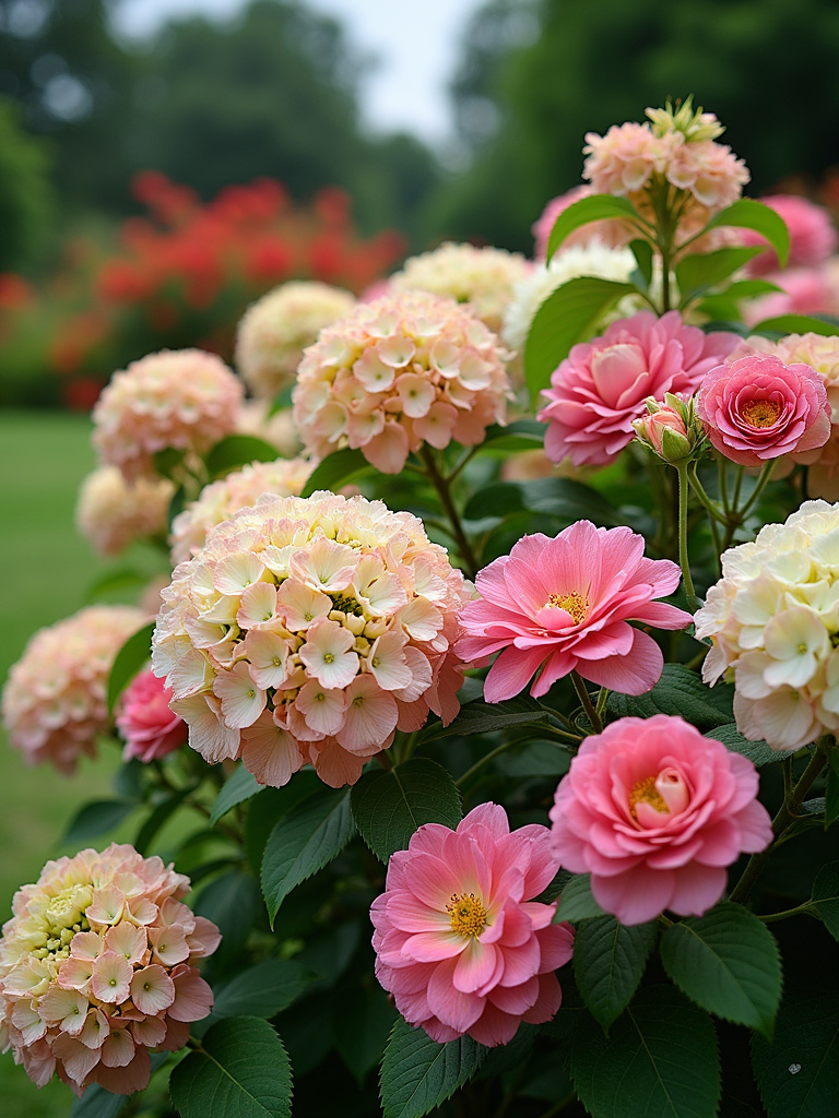 Garden with a variety of flowering shrubs blooming in mid-summer, showcasing extended bloom season.