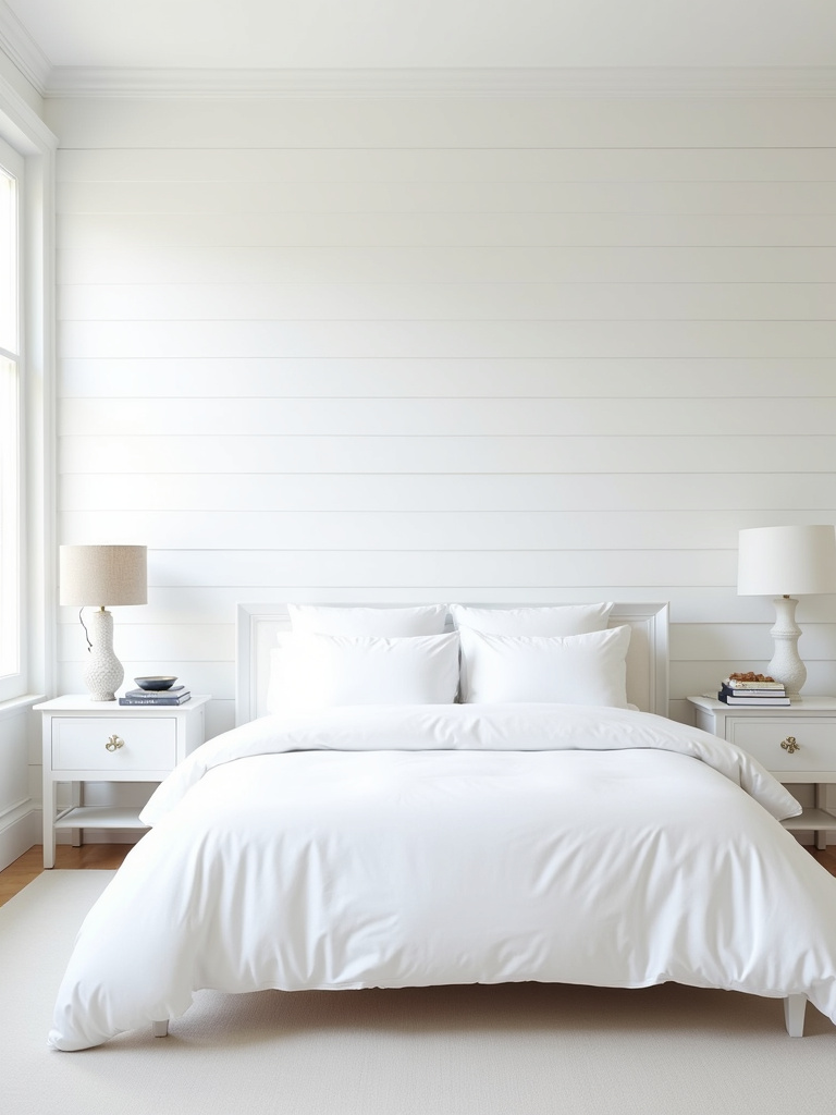 “White bedroom featuring a farmhouse-inspired white shiplap accent wall behind the bed, adding texture and character to the space.”