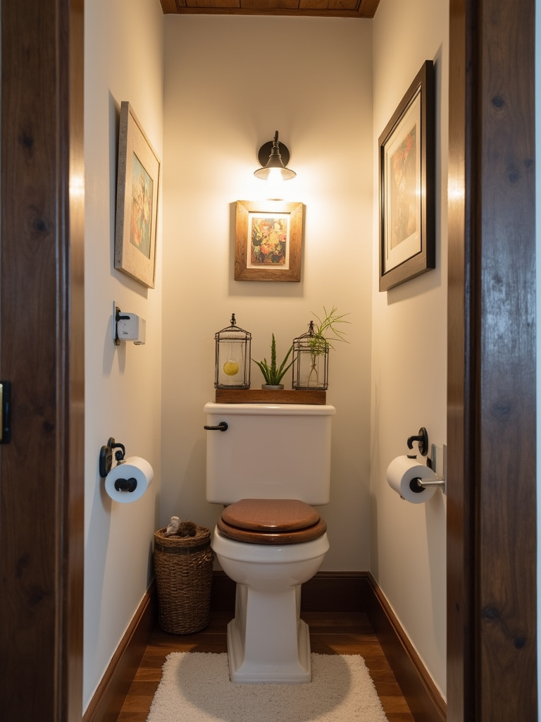 Rustic bathroom interior featuring a white farmhouse style toilet with a wooden seat and warm vintage sconce lighting.