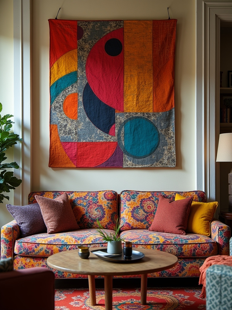 “Large scale textile art piece with geometric patterns and vibrant colors hanging above a colorful sofa in an eclectic living room.”