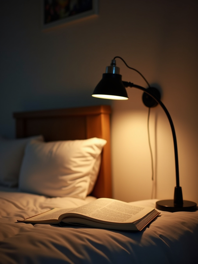 Bedroom reading nook with directional downlighting from an adjustable arm wall lamp focused on a book.