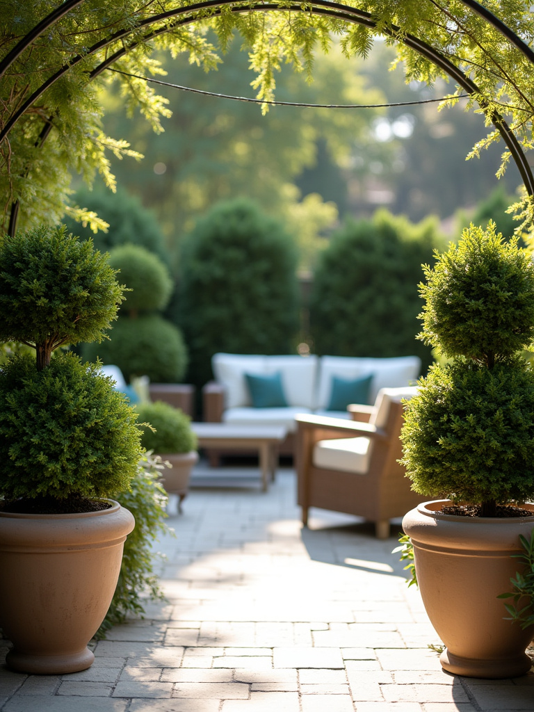 Patio framed by decorative containers with lush green shrubs in soft morning light.
