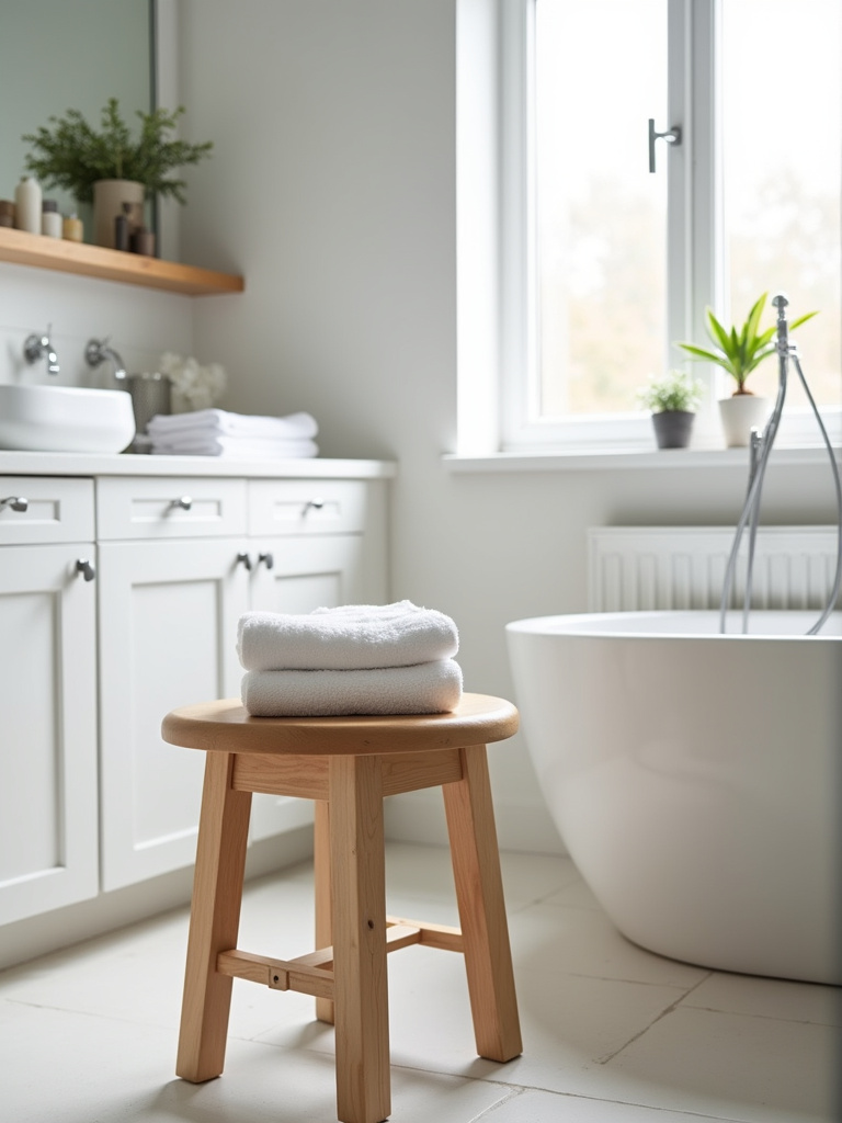 Wooden stool adding seating and organic detail to a Scandinavian bathroom, placed beside a freestanding bathtub.