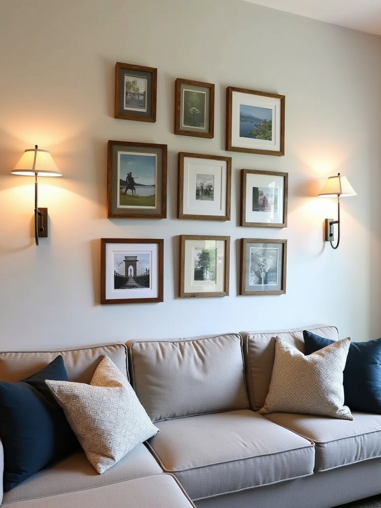 “Living room gallery wall above a sofa, showcasing an eclectic mix of framed art and personal style.”