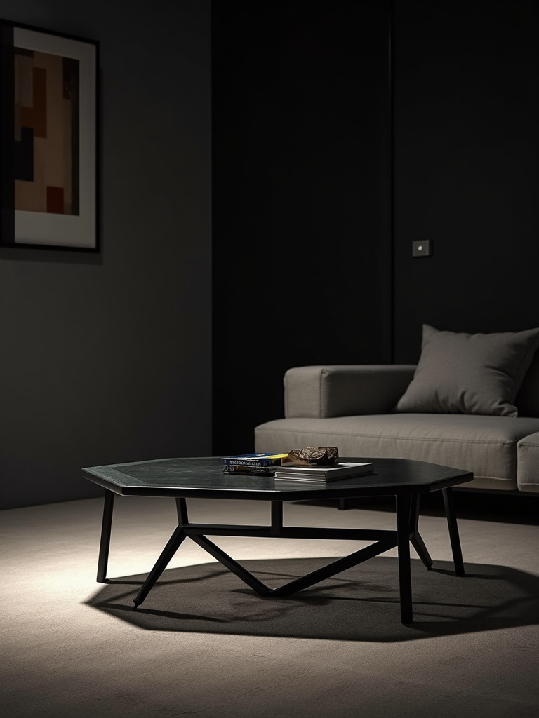 An artistic modern living room featuring a hexagonal glass and metal geometric coffee table, styled with an abstract object, showcasing bold lines and contemporary design.