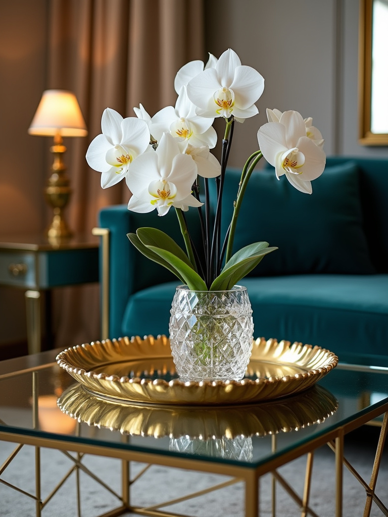A glamorous living room featuring a glass-top coffee table with a gold geometric base, styled with orchids and a gilded tray, showcasing luxury and sophistication.