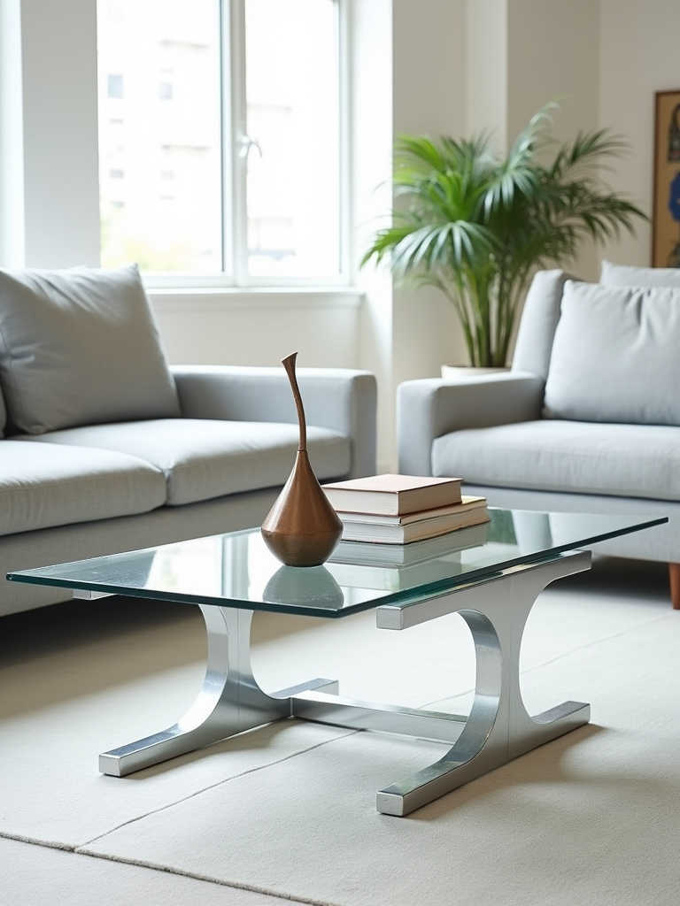A contemporary living room featuring a rectangular glass coffee table with a chrome base, styled with a sculptural object and art books, highlighting clean lines and modern elegance.