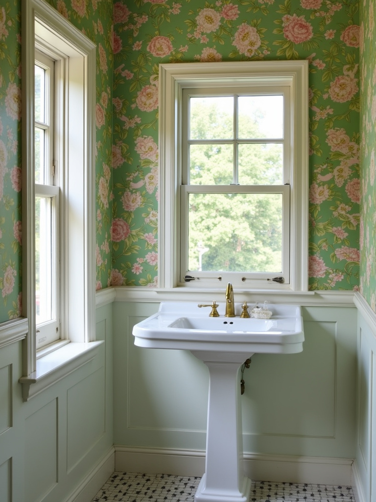 Vintage bathroom featuring bold floral patterned wallpaper in green and pink, complemented by a white pedestal sink and brass fixtures, illuminated by natural light.