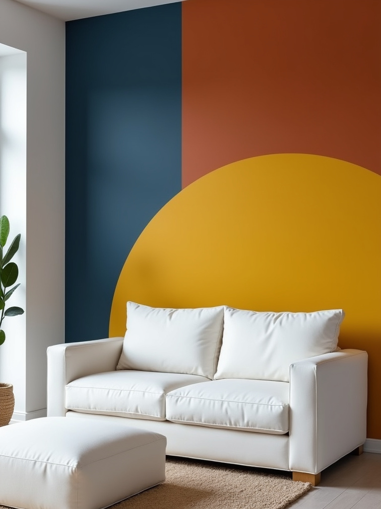 “Wall painted with a bold color block design in navy blue, mustard yellow, and terracotta in a modern living room.”