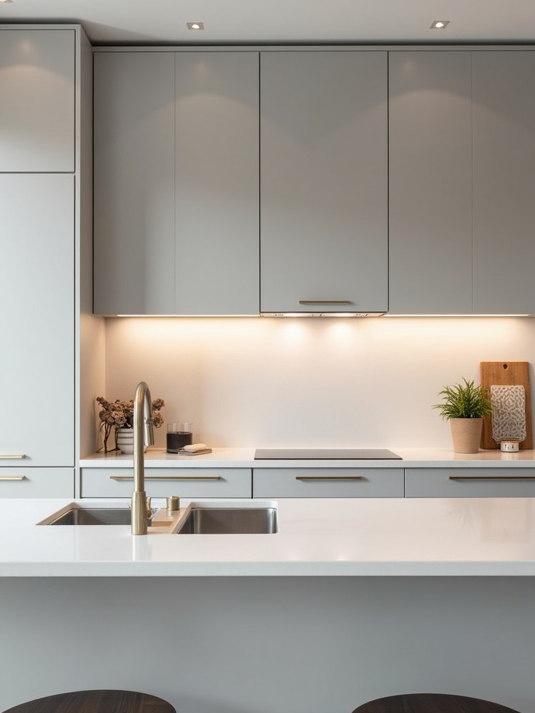 Modern minimalist kitchen with light gray flat-panel, handleless cabinetry, emphasizing clean lines and an uncluttered design.