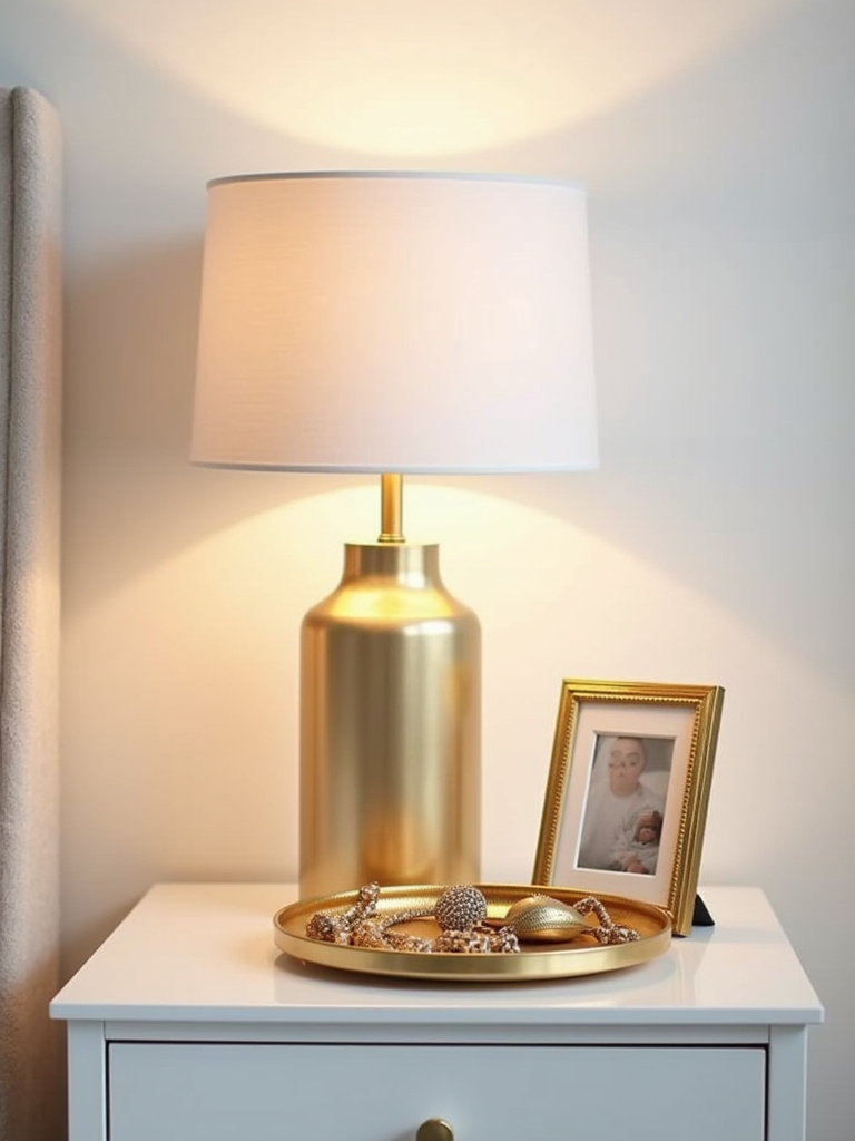 “White bedroom nightstand featuring elegant gold decor accents, including a lamp, tray, and picture frame, adding warmth and sophistication.”
