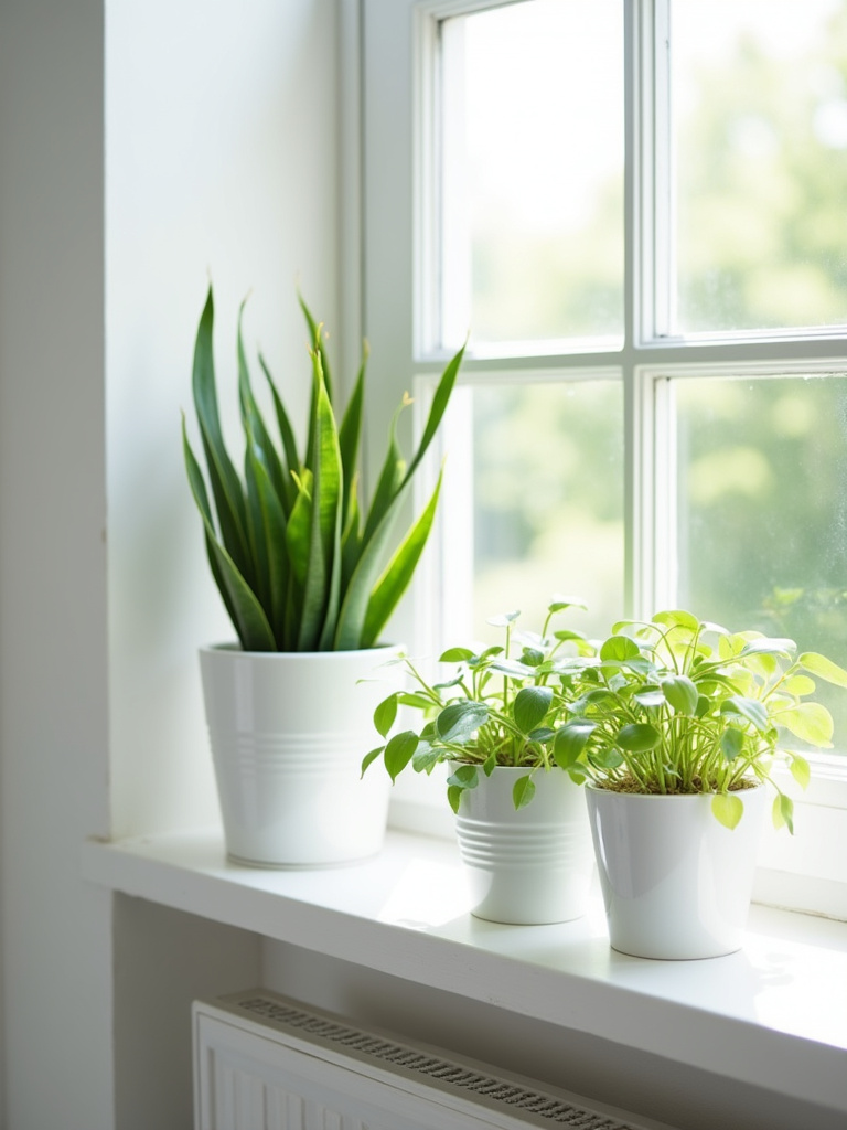 “White bedroom windowsill adorned with a collection of lush green plants in elegant white ceramic pots, bathed in natural sunlight.”