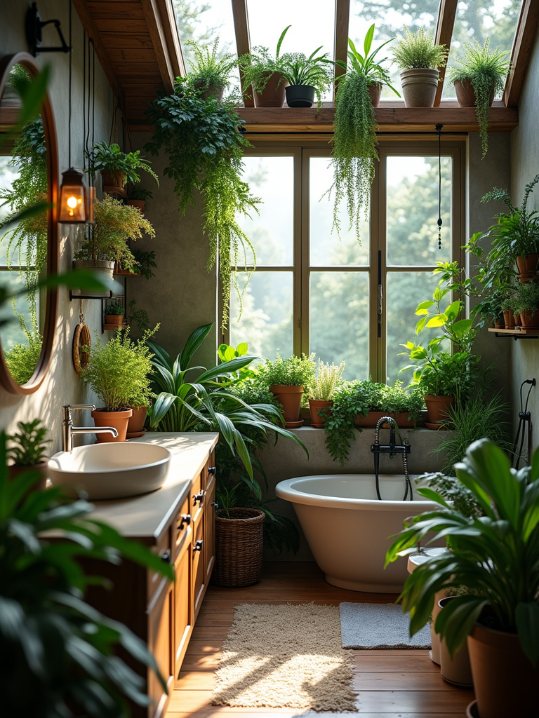 Rustic bathroom with lush greenery accents, including potted plants on shelves and countertops, illuminated by soft skylight.