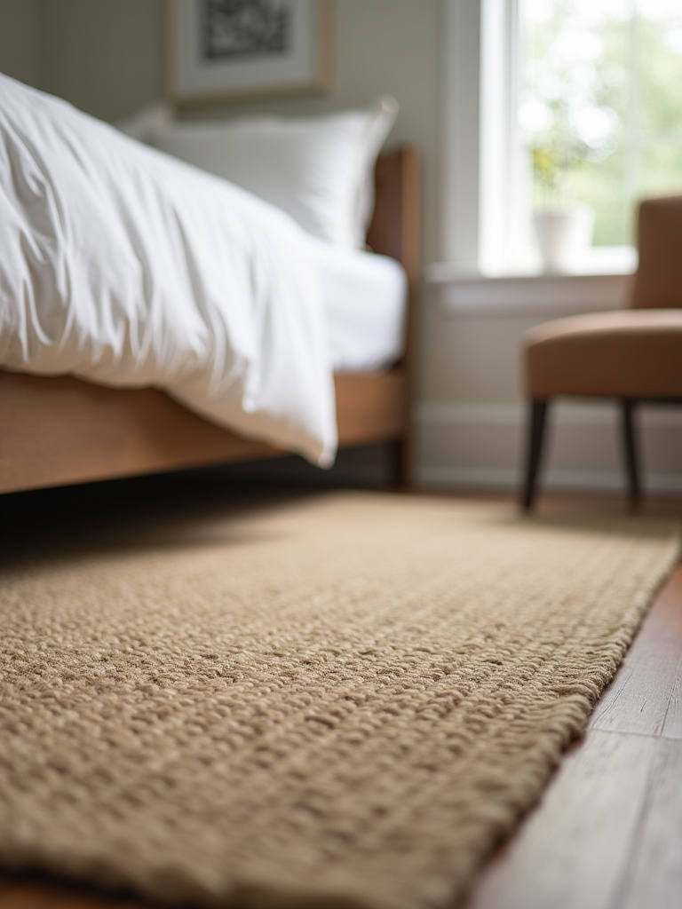 Farmhouse bedroom grounded by a large natural fiber area rug under the bed.
