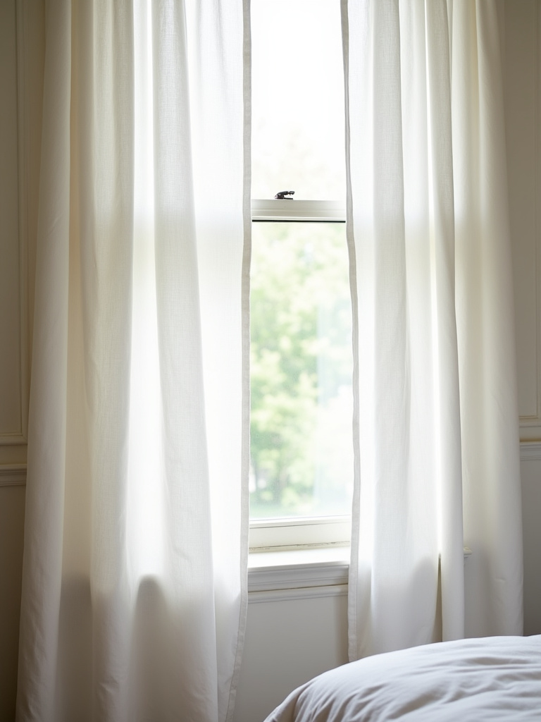 Farmhouse bedroom with light and airy white linen curtains allowing soft natural light.