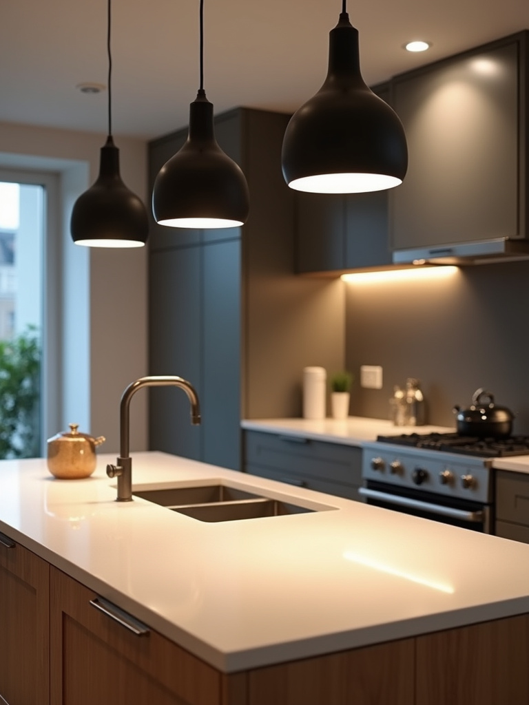 Modern kitchen with three black minimalist pendant lights hanging above a light wood kitchen island with white countertop.