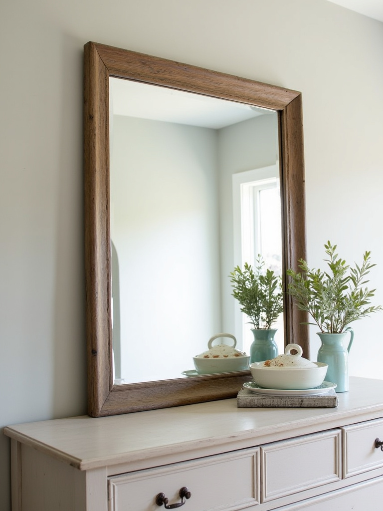 Farmhouse bedroom with a large farmhouse style mirror enhancing light and space.