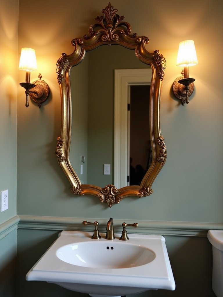 Detail of a vintage bathroom with an ornate gold-framed antique mirror reflecting vintage sconces above a pedestal sink, softly illuminated by warm sconce light.