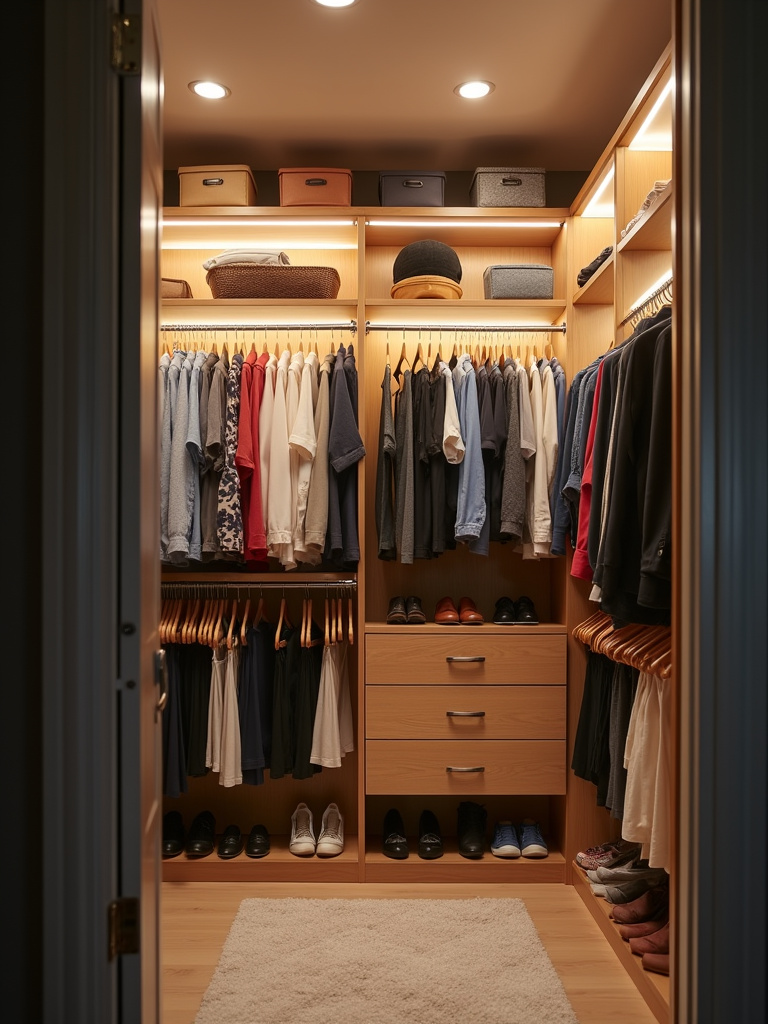 Organized and well-lit walk-in closet with motion-sensor LED strip lights illuminating clothes and accessories.