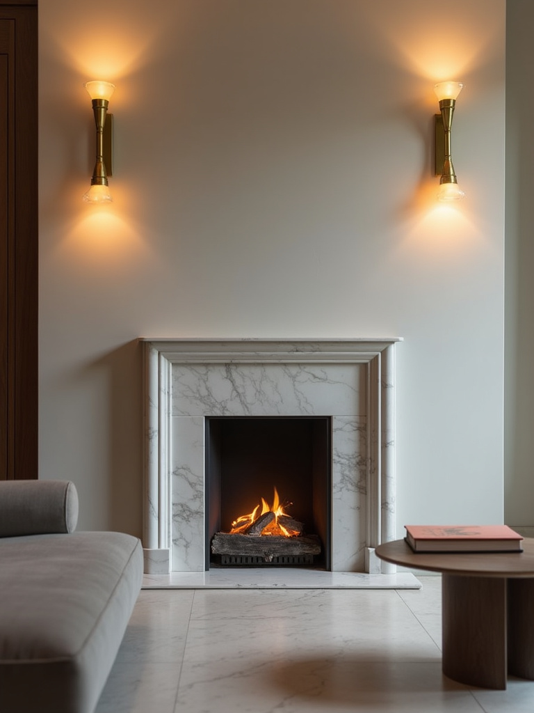 “Pair of elegant brass wall sconces flanking a marble fireplace in a modern living room.”