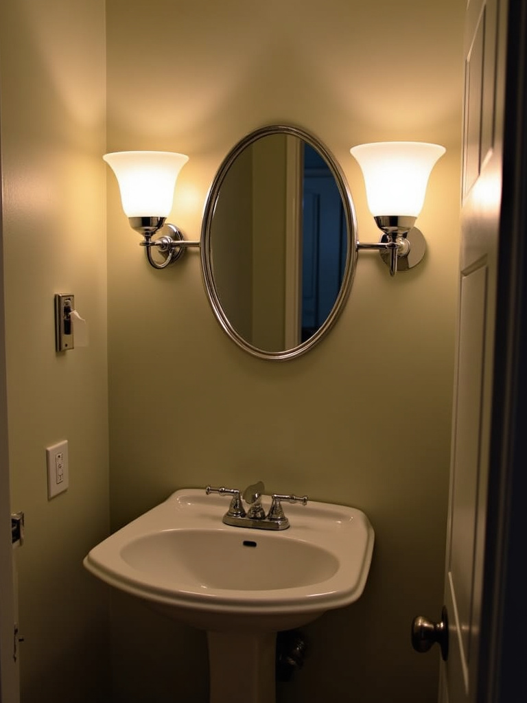 A vintage bathroom illuminated by a pair of retro chrome sconces with frosted glass shades flanking a round mirror above a pedestal sink, casting a warm incandescent light.