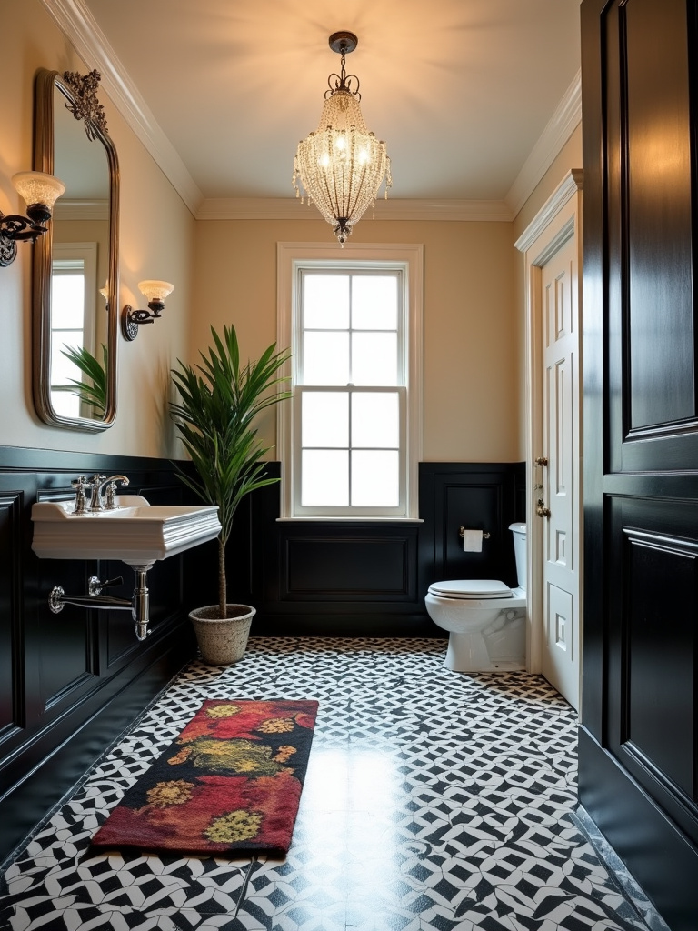 Art Deco vintage bathroom featuring black and white geometric tiles, chrome fixtures, a mirrored vanity, and dramatic lighting from an Art Deco chandelier.