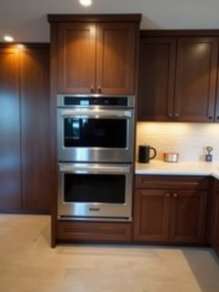 Modern kitchen with sleek stainless steel built-in double ovens seamlessly integrated into dark wood cabinetry.
