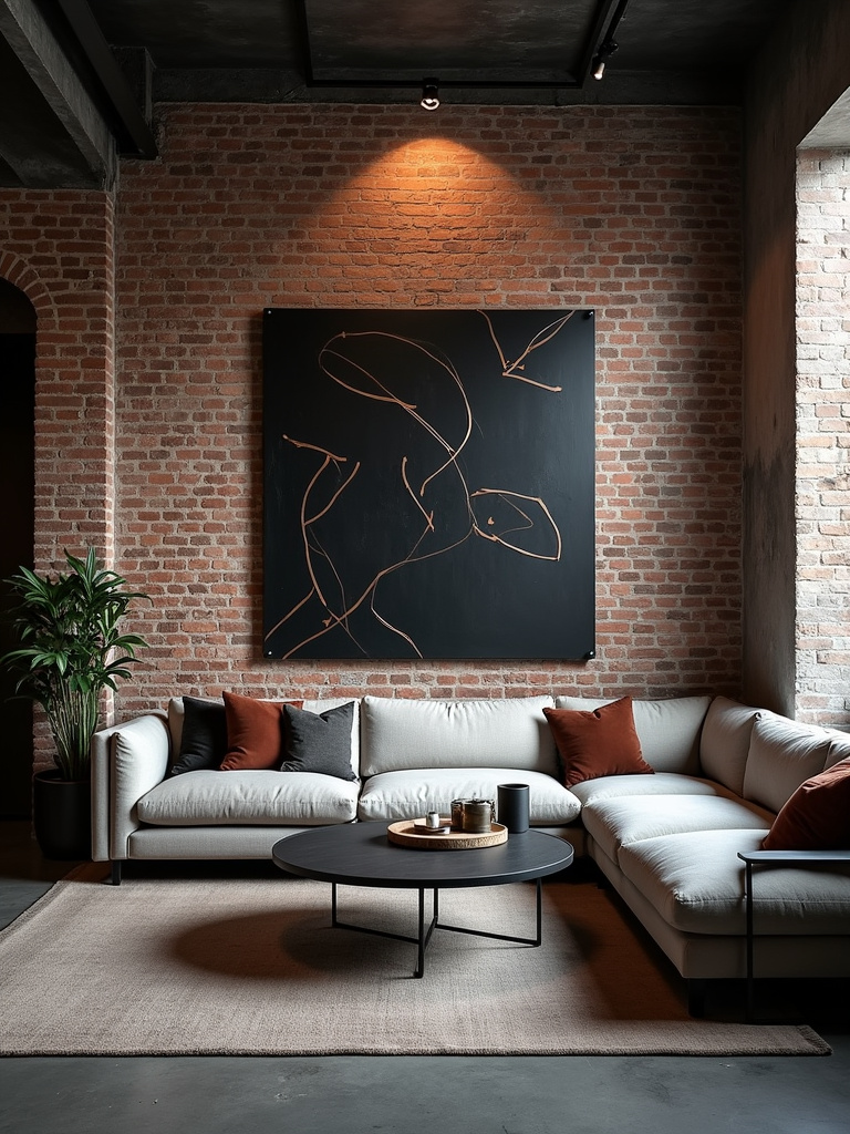 “Large abstract metal wall sculpture in black steel mounted on a brick wall in an industrial style living room.”