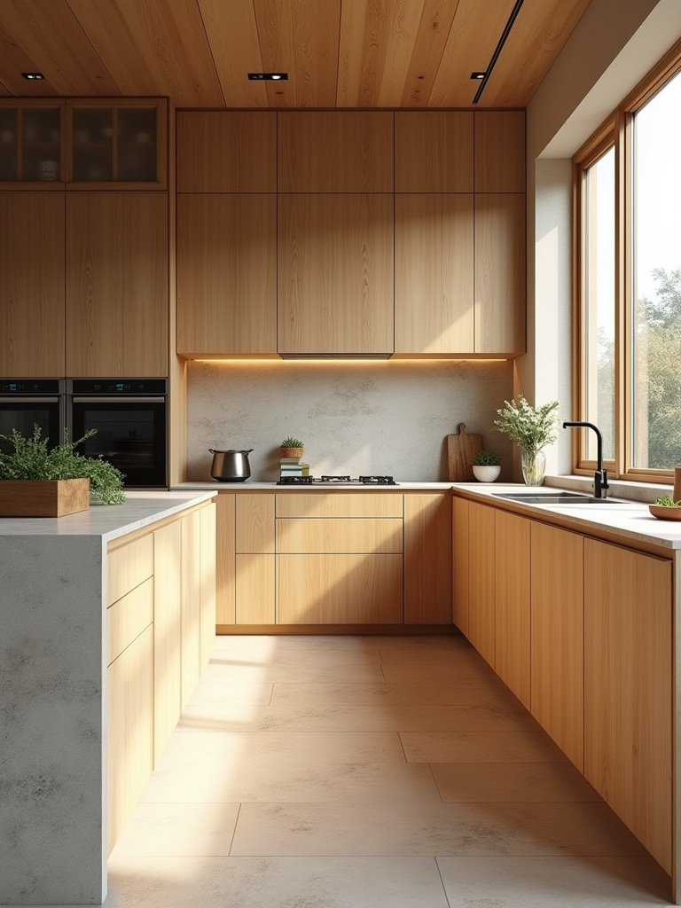 Modern kitchen with light wood cabinetry, natural stone tile flooring, and wood countertop, incorporating natural materials for warmth and elegance.