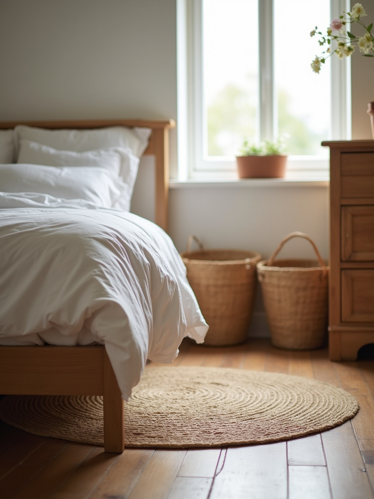 Farmhouse bedroom featuring a jute rug and woven baskets for natural texture and storage.