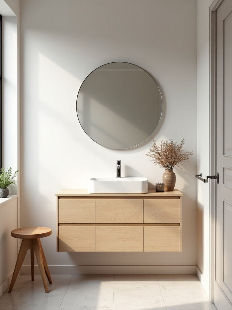 Scandinavian bathroom design incorporating warm natural wood accents through a light birch wood vanity and stool.