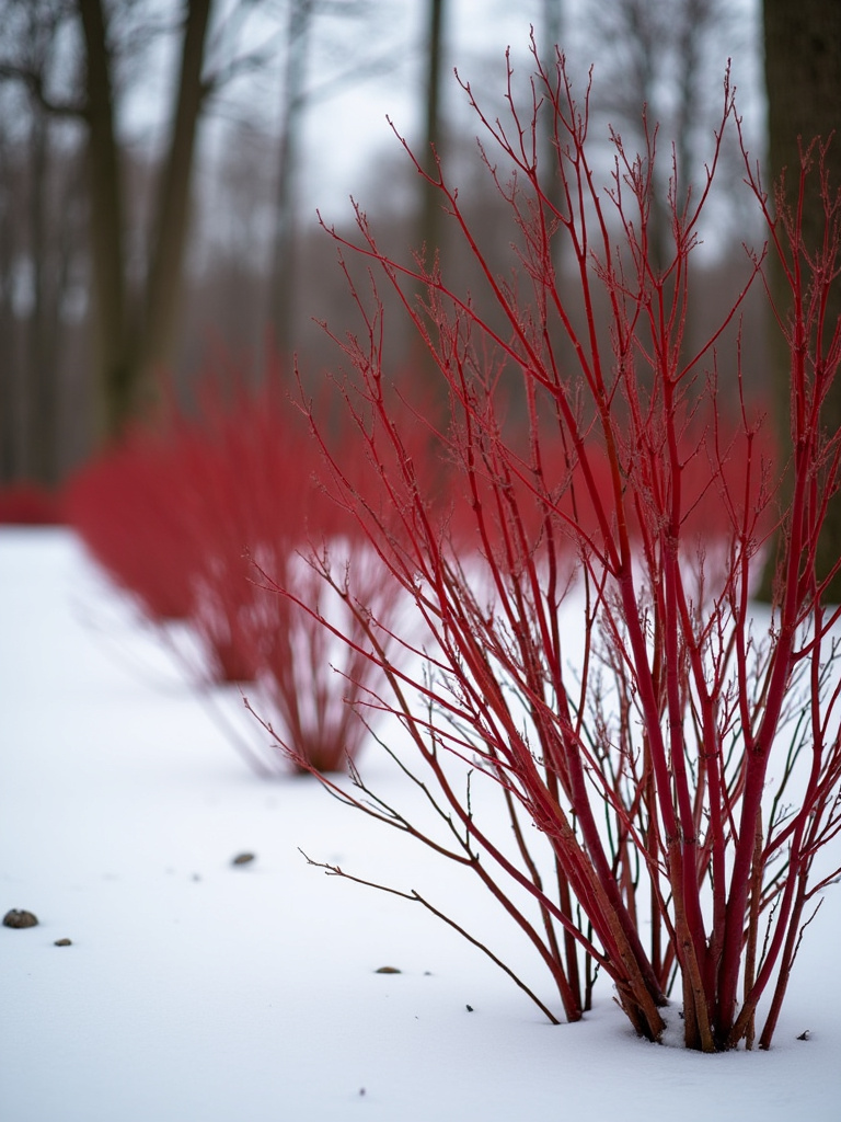 Vibrant red bark of Red Twig Dogwood shrubs in a winter landscape.