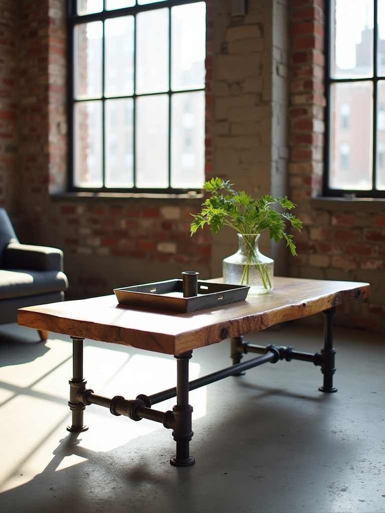 An industrial loft living room featuring a reclaimed wood and iron pipe coffee table, styled with a metal tray and vase, emphasizing raw materials and urban style.