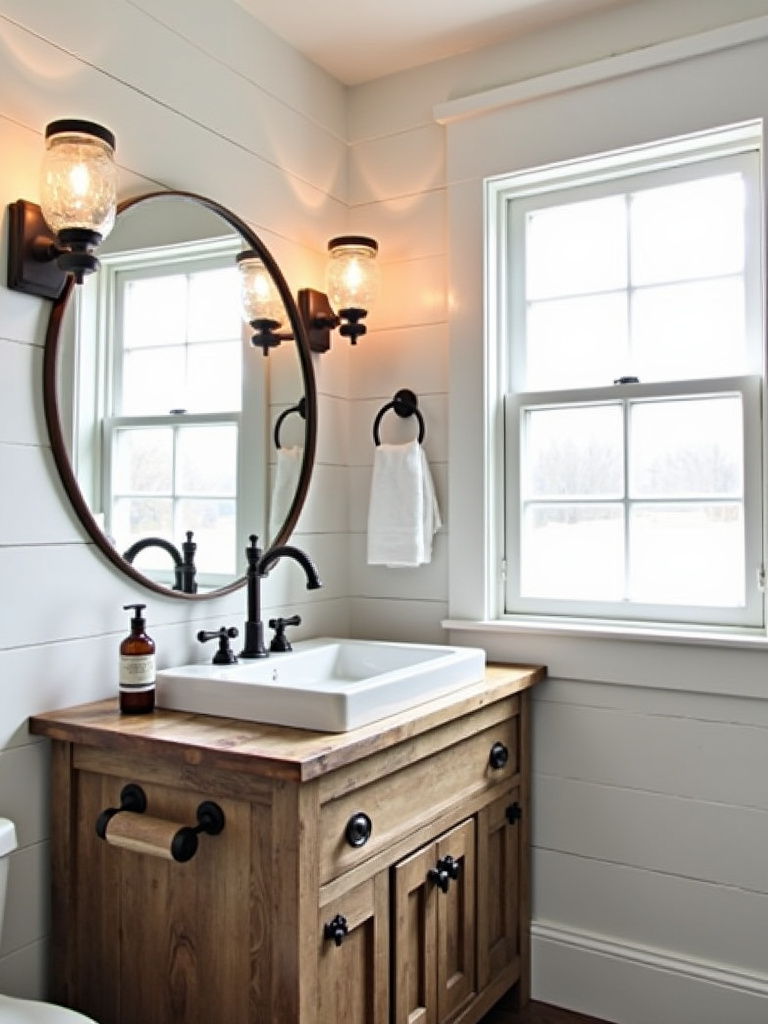 Rustic farmhouse vintage bathroom featuring white shiplap walls, a reclaimed wood vanity with an apron-front sink, and oil-rubbed bronze fixtures, illuminated by warm natural light.