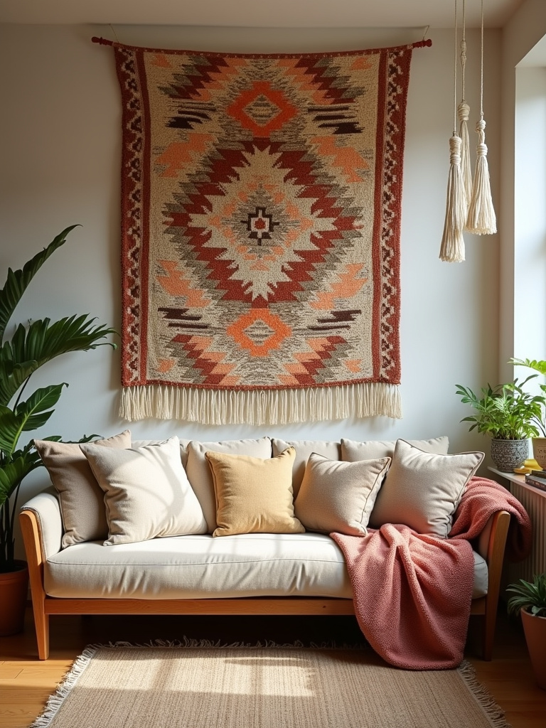 “Large woven tapestry with earthy tones and geometric patterns hanging above a sofa in a bohemian living room.”