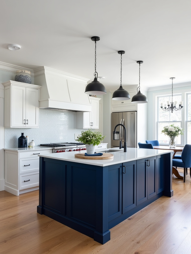 Modern kitchen with a navy blue kitchen island as a bold accent color, complemented by white cabinetry and light wood floors.