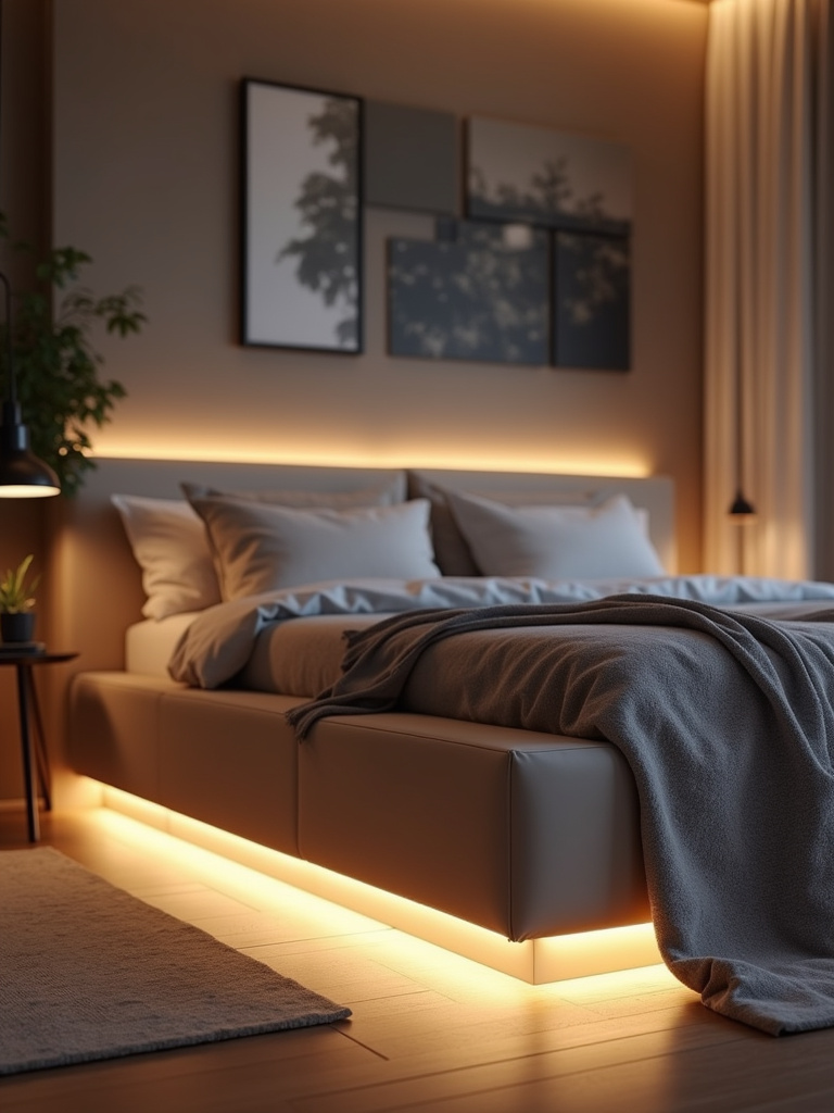 Modern bedroom interior with bed frame lighting using LED strip lights under the bed for a floating effect.