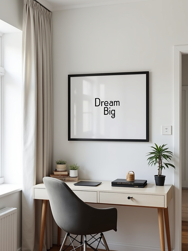 A contemporary living room featuring framed inspirational quote wall art “Dream Big” above a desk, illuminated by natural light.