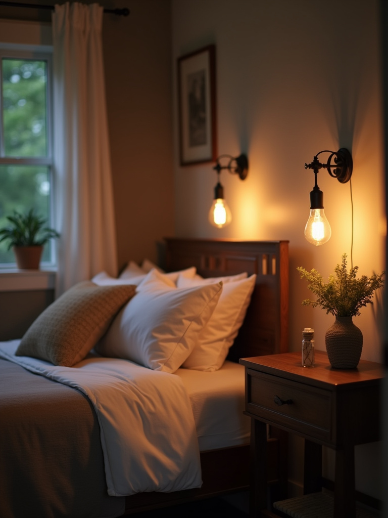 Farmhouse bedroom illuminated by rustic pendant lights and sconces for task and ambient lighting.