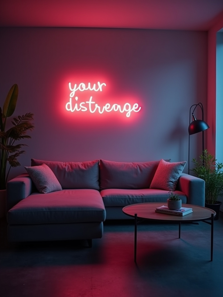 “Neon sign mounted on a wall in a modern living room providing colorful light.”