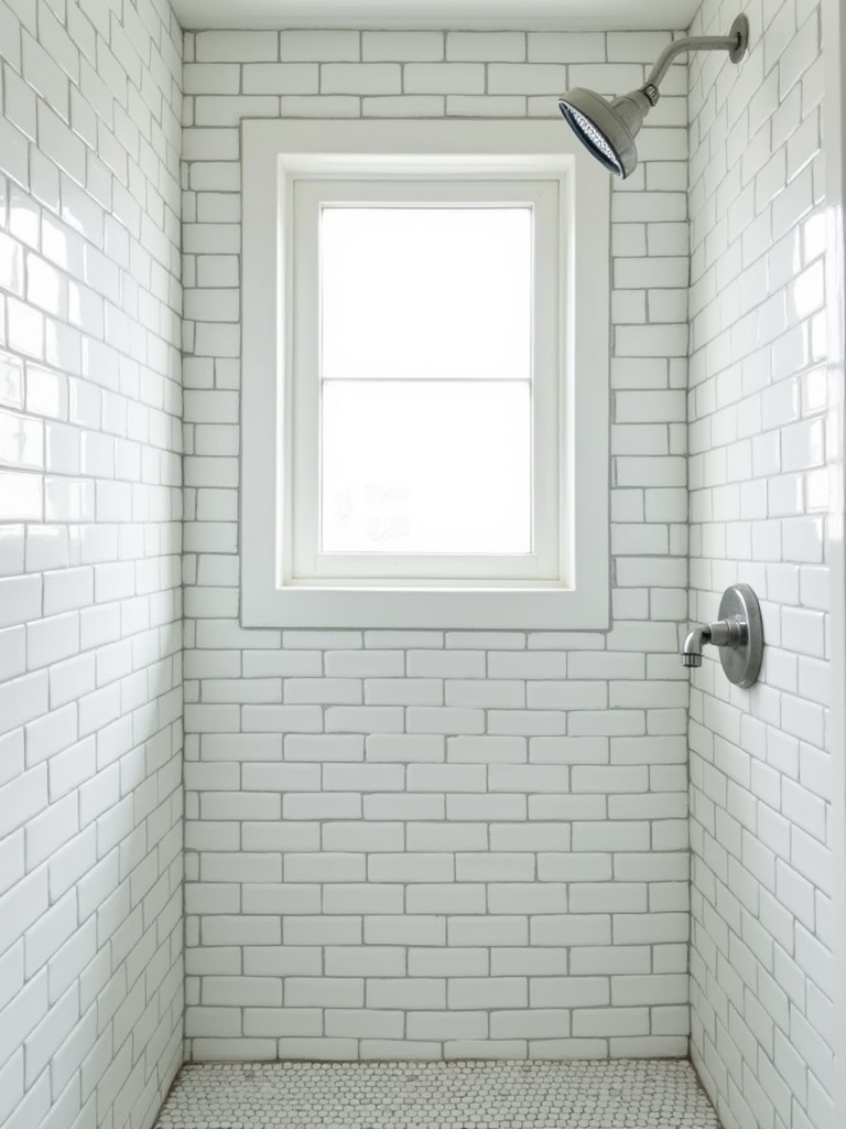 A bright vintage bathroom showcasing white subway tiles with dark gray grout in a shower area, illuminated by natural light from a window.