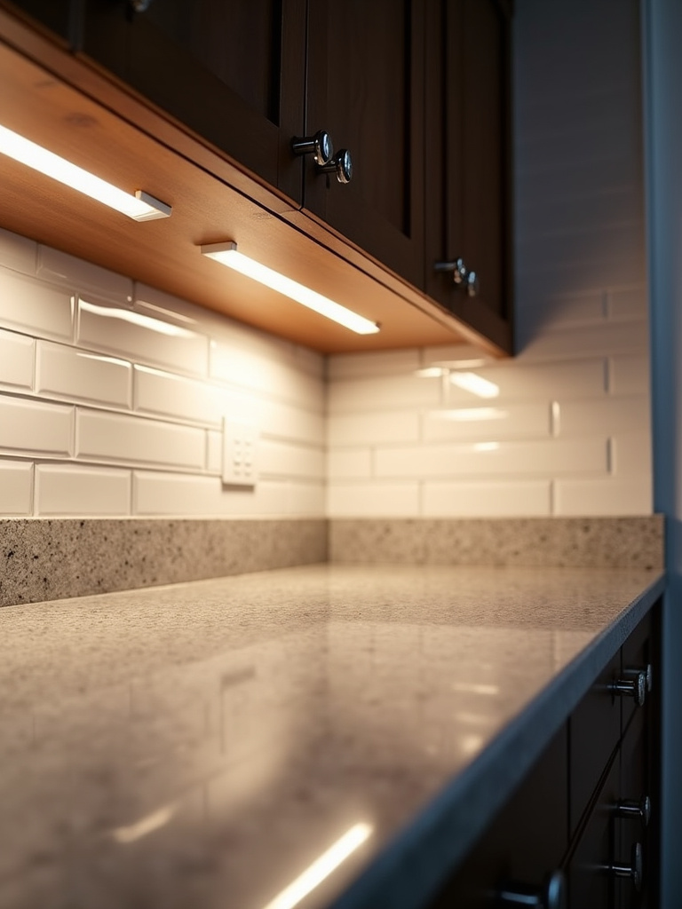 Close-up of under-cabinet LED lighting illuminating a gray quartz countertop and white subway tile backsplash in a modern kitchen.