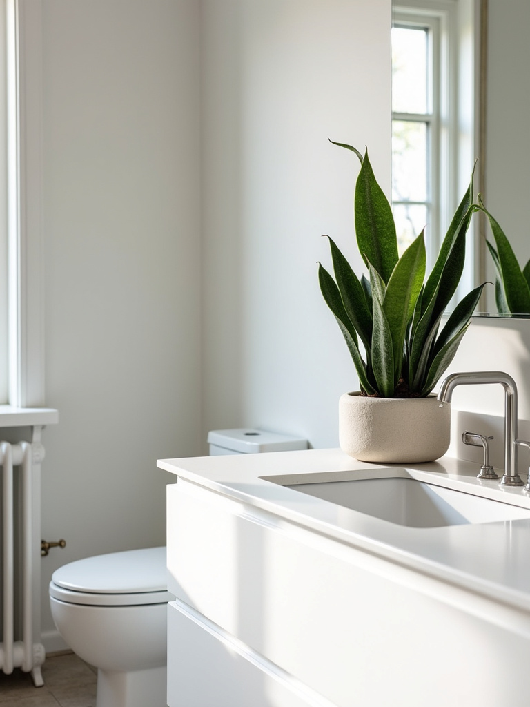 Scandinavian bathroom design introducing greenery with a low-maintenance snake plant on the vanity.