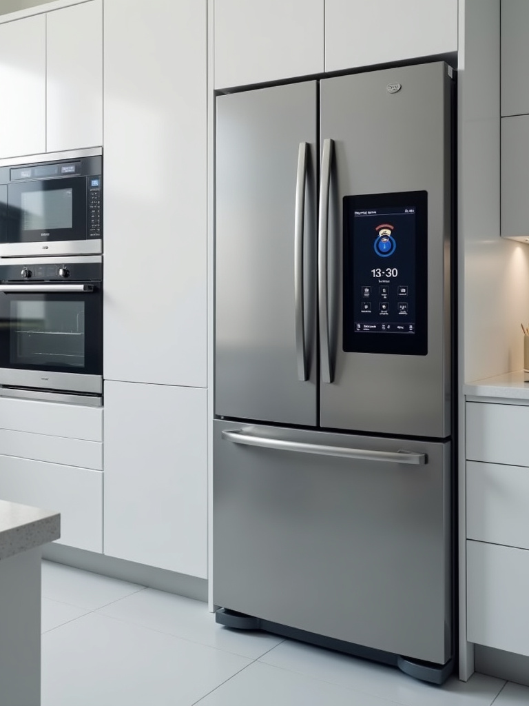 Close-up of smart refrigerator with touchscreen and smart oven in a modern white kitchen, showcasing cutting-edge technology.