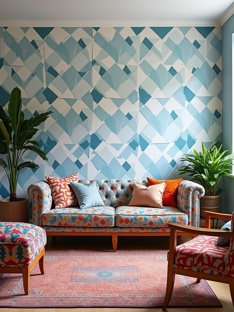 “Accent wall wallpapered with a playful geometric pattern in blue and white in an eclectic living room.”