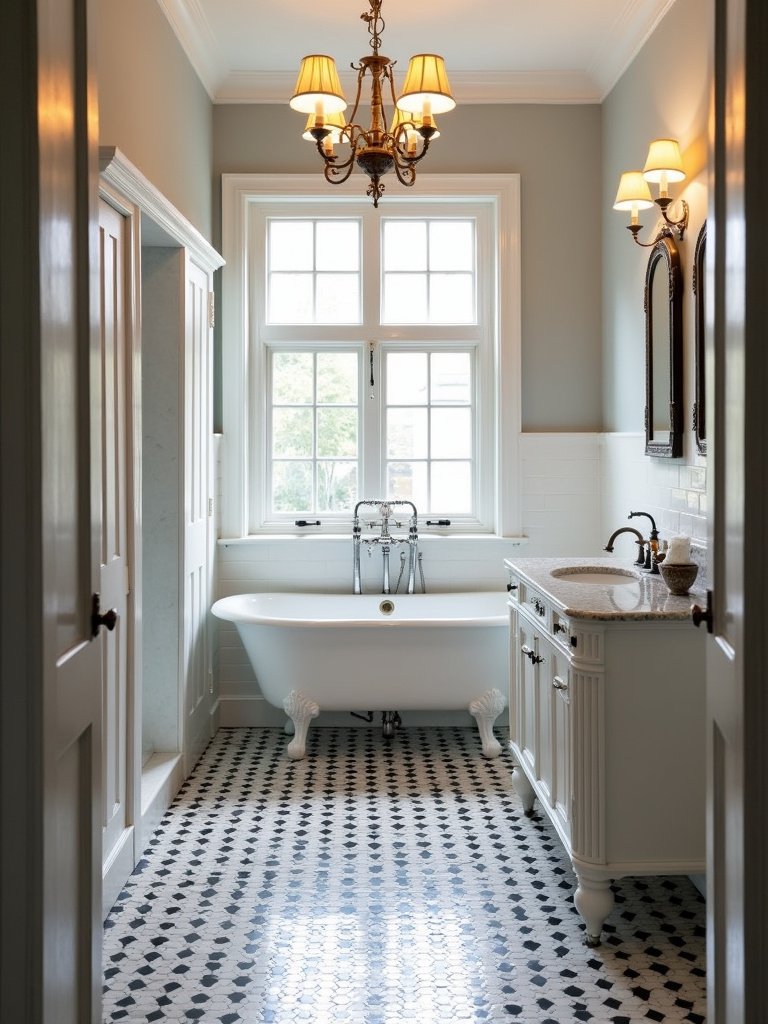 Vintage bathroom featuring a black and white hexagon tile floor, complemented by a white pedestal sink and a vintage vanity under the warm glow of a chandelier.