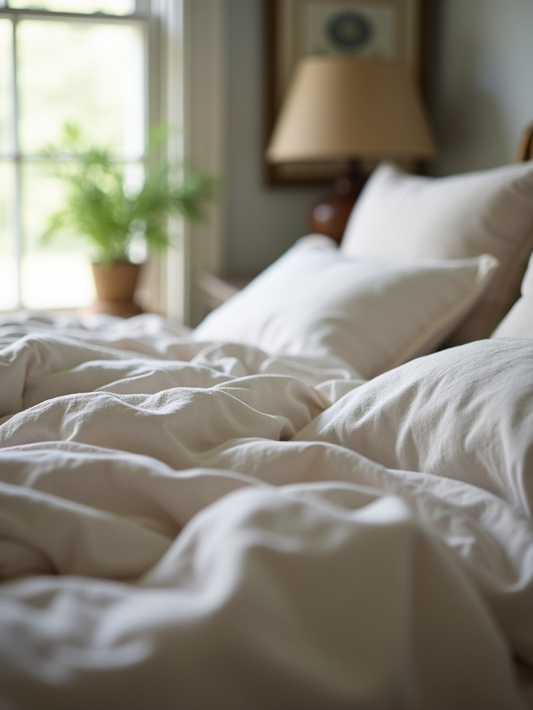 Close-up of layered natural linen bedding in a farmhouse bedroom setting.