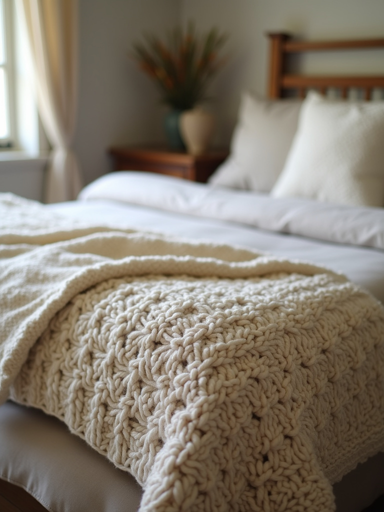 Farmhouse bedroom featuring a chunky knit throw blanket layered for cozy texture and visual appeal.